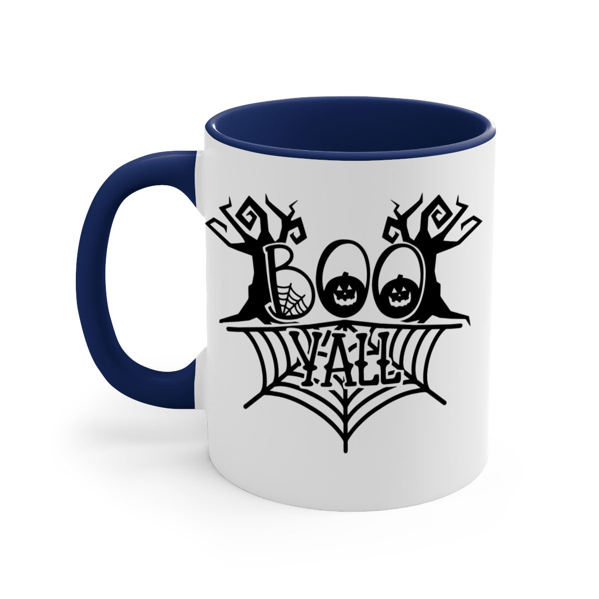 Boo Yall 86# Halloween Mug with colorful handle and glossy finish, perfect for coffee and tea.