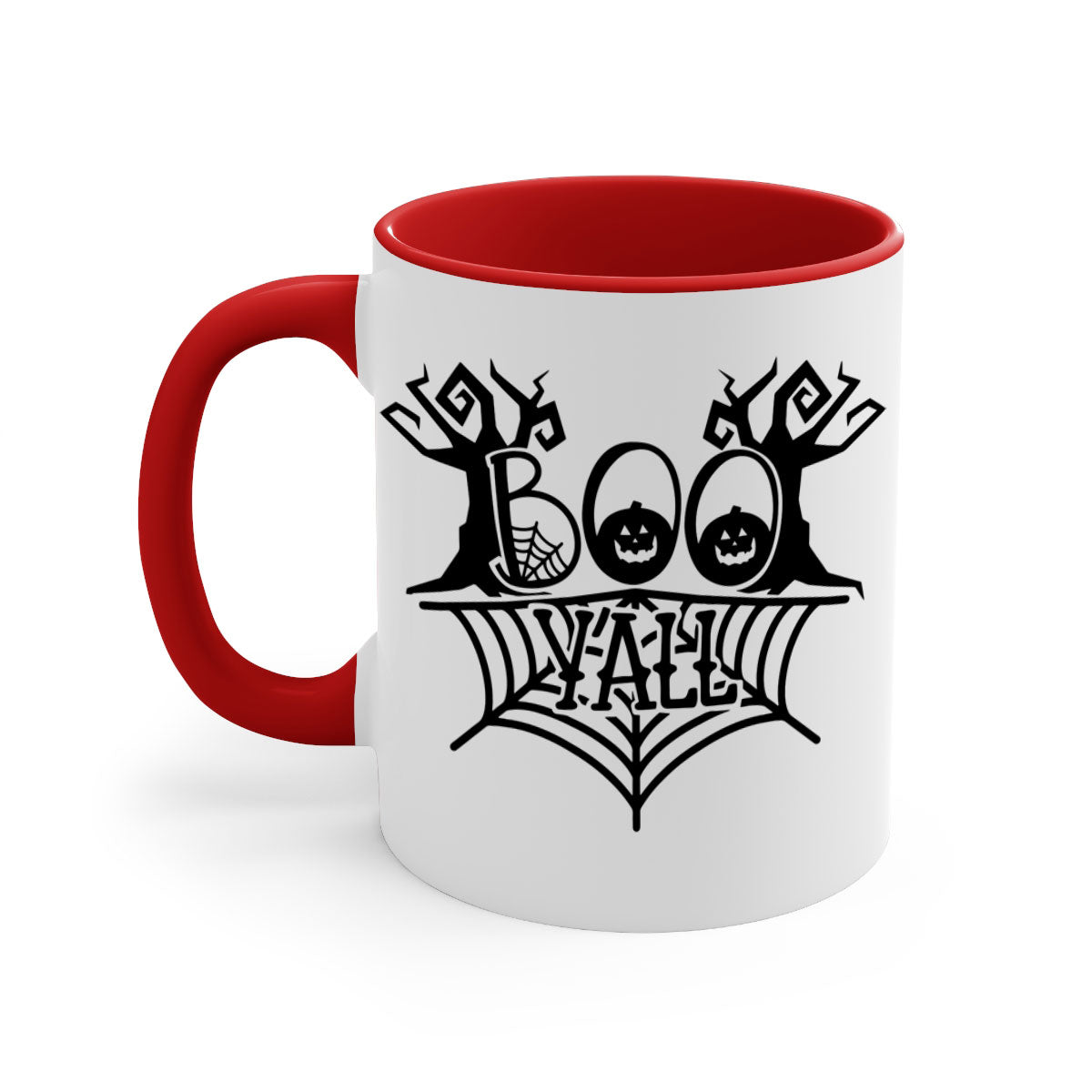 Boo Yall 86# Halloween Mug with colorful handle and glossy finish, perfect for coffee and tea.