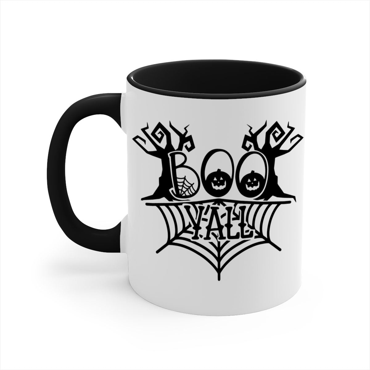 Boo Yall 86# Halloween Mug with colorful handle and glossy finish, perfect for coffee and tea.