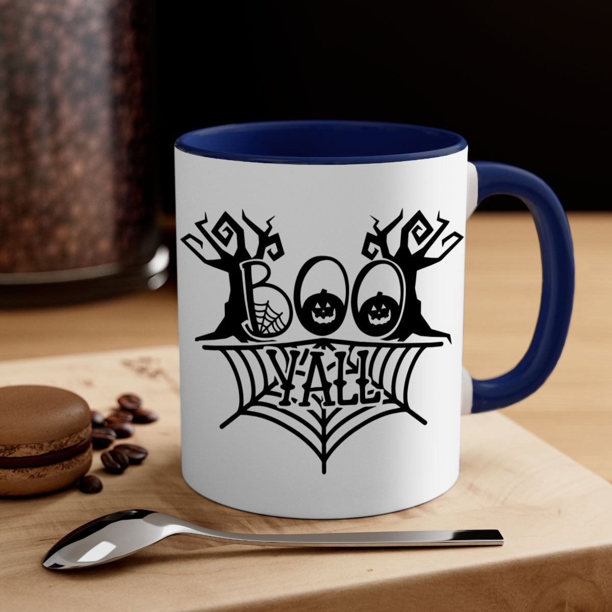 Boo Yall 86# Halloween Mug with colorful handle and glossy finish, perfect for coffee and tea.