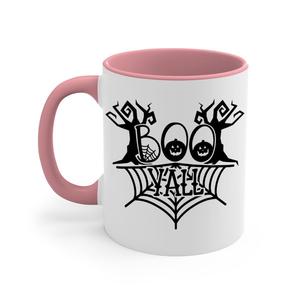 Boo Yall 86# Halloween Mug with colorful handle and glossy finish, perfect for coffee and tea.