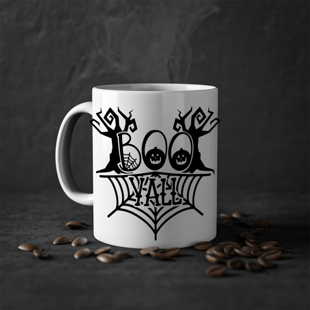 Boo Yall 86# Halloween Mug with colorful handle and glossy finish, perfect for coffee and tea.