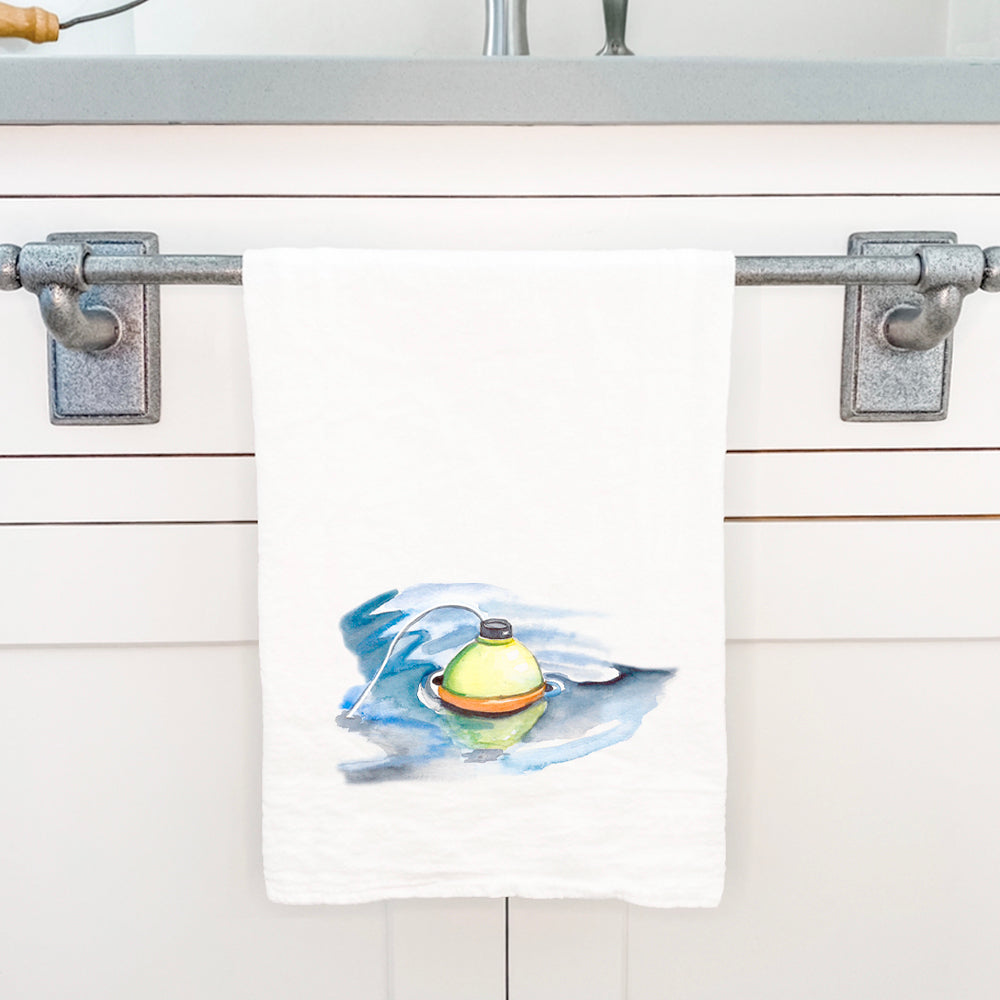 Bobber in Water cotton tea towel featuring vibrant design and hemmed edges, perfect for kitchen use.