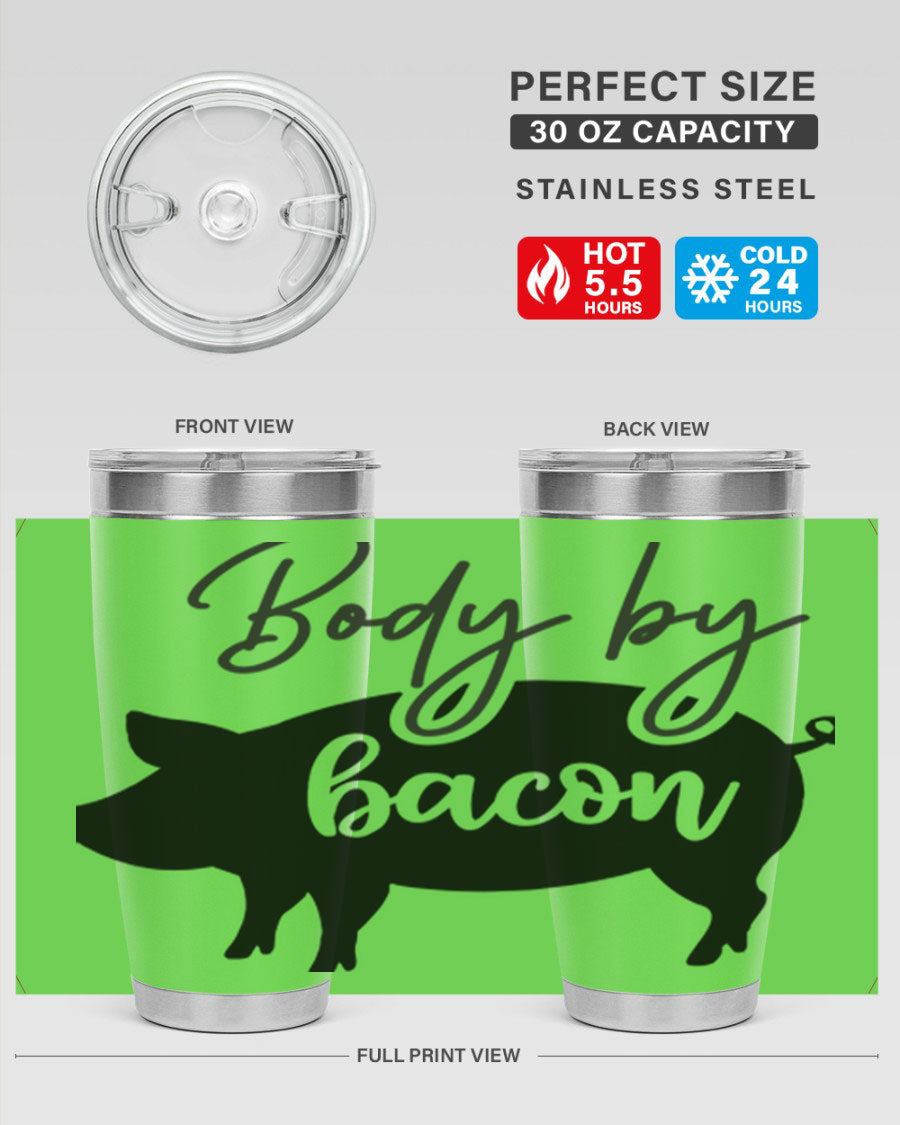 Body by Bacon 20oz stainless steel tumbler with copper lining and drink-thru lid, perfect for hot and cold beverages.