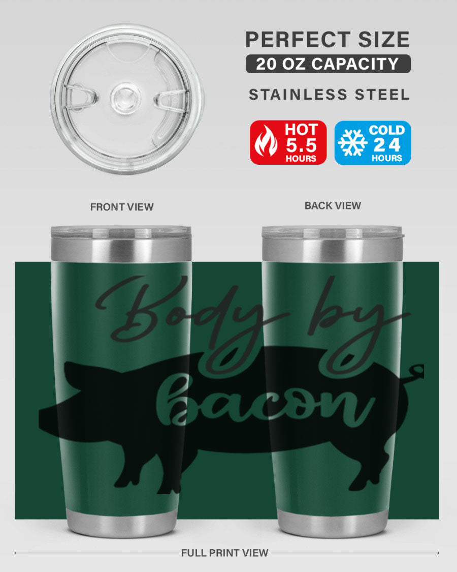 Body by Bacon 20oz stainless steel tumbler with copper lining and drink-thru lid, perfect for hot and cold beverages.