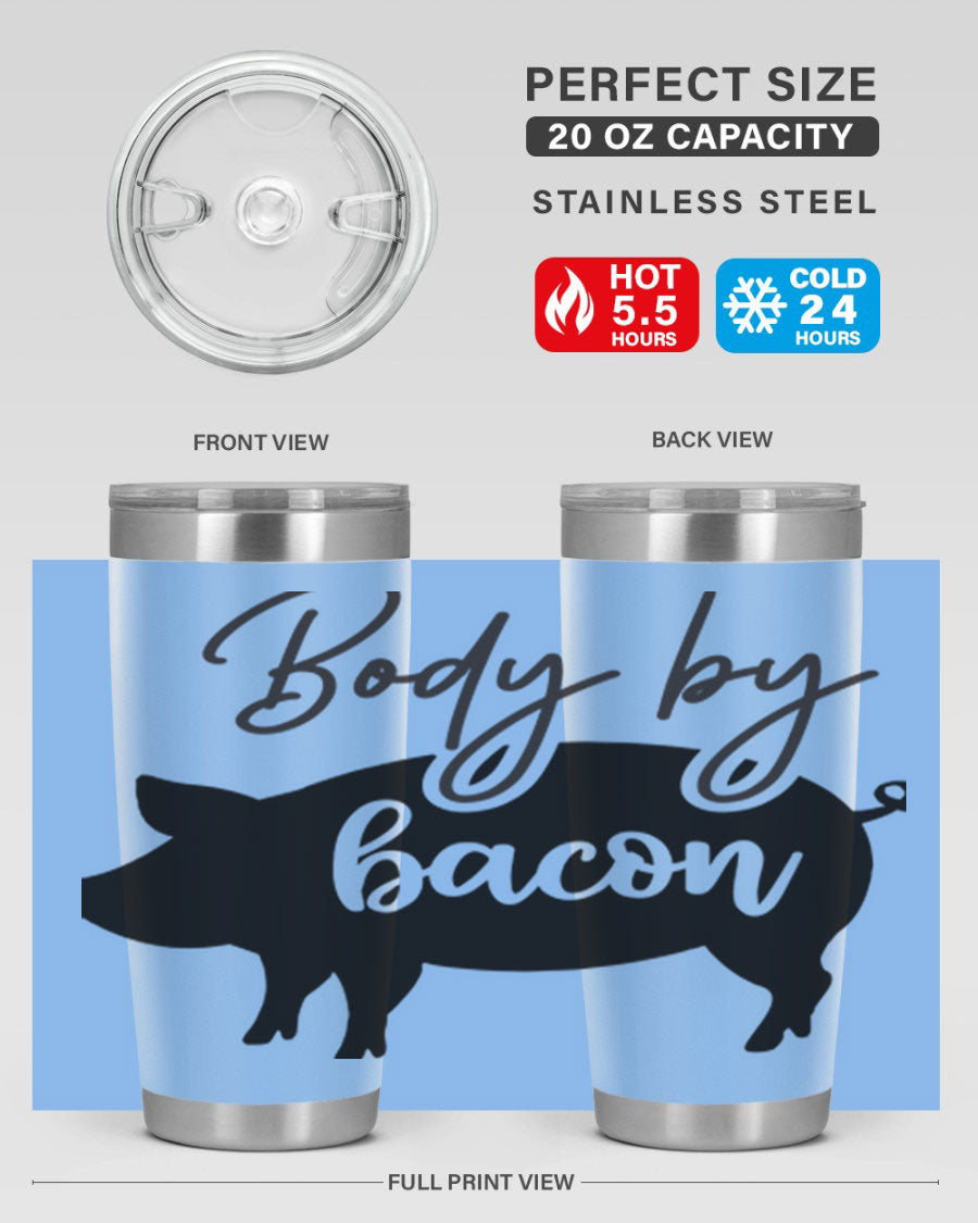 Body by Bacon 20oz stainless steel tumbler with copper lining and drink-thru lid, perfect for hot and cold beverages.