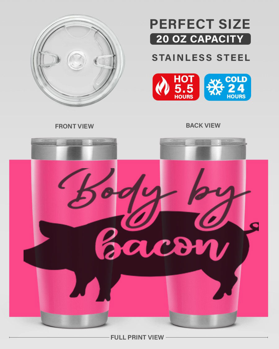 Body by Bacon 20oz stainless steel tumbler with copper lining and drink-thru lid, perfect for hot and cold beverages.