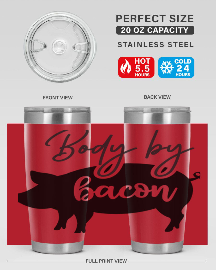 Body by Bacon 20oz stainless steel tumbler with copper lining and drink-thru lid, perfect for hot and cold beverages.