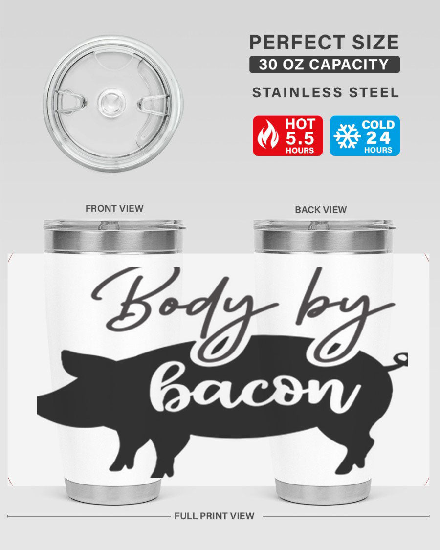 Body by Bacon 20oz stainless steel tumbler with copper lining and drink-thru lid, perfect for hot and cold beverages.