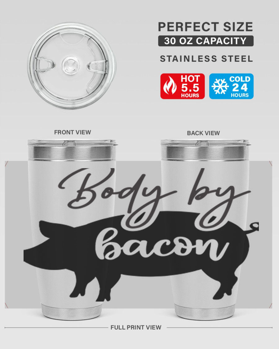 Body by Bacon 20oz stainless steel tumbler with copper lining and drink-thru lid, perfect for hot and cold beverages.