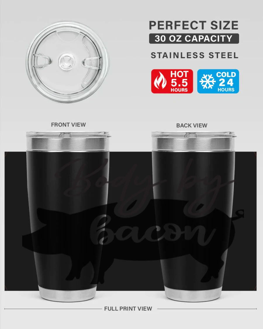 Body by Bacon 20oz stainless steel tumbler with copper lining and drink-thru lid, perfect for hot and cold beverages.