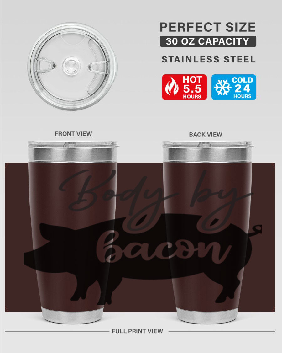 Body by Bacon 20oz stainless steel tumbler with copper lining and drink-thru lid, perfect for hot and cold beverages.