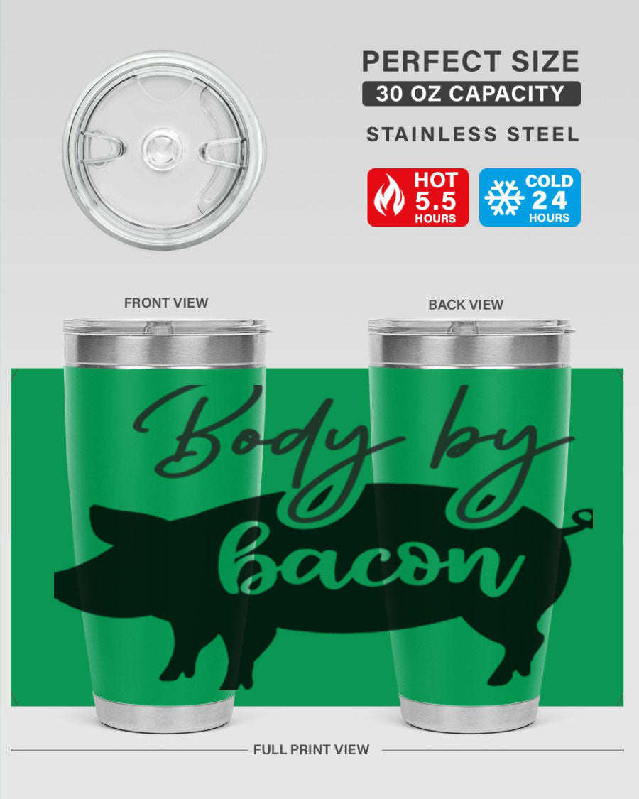 Body by Bacon 20oz stainless steel tumbler with copper lining and drink-thru lid, perfect for hot and cold beverages.