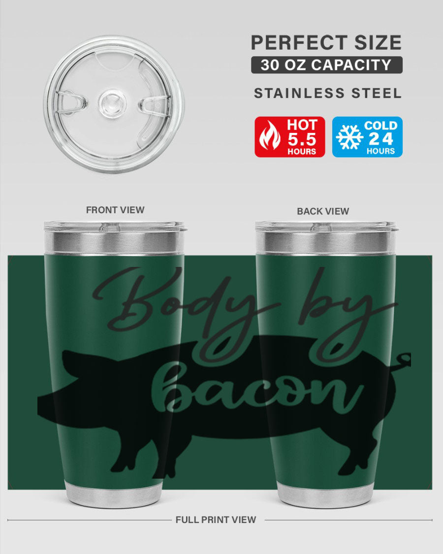 Body by Bacon 20oz stainless steel tumbler with copper lining and drink-thru lid, perfect for hot and cold beverages.