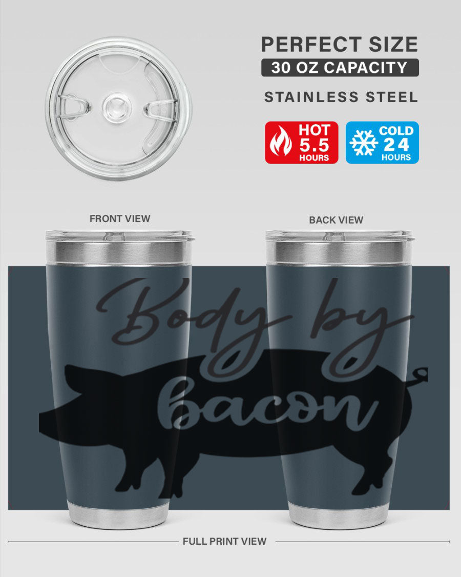 Body by Bacon 20oz stainless steel tumbler with copper lining and drink-thru lid, perfect for hot and cold beverages.