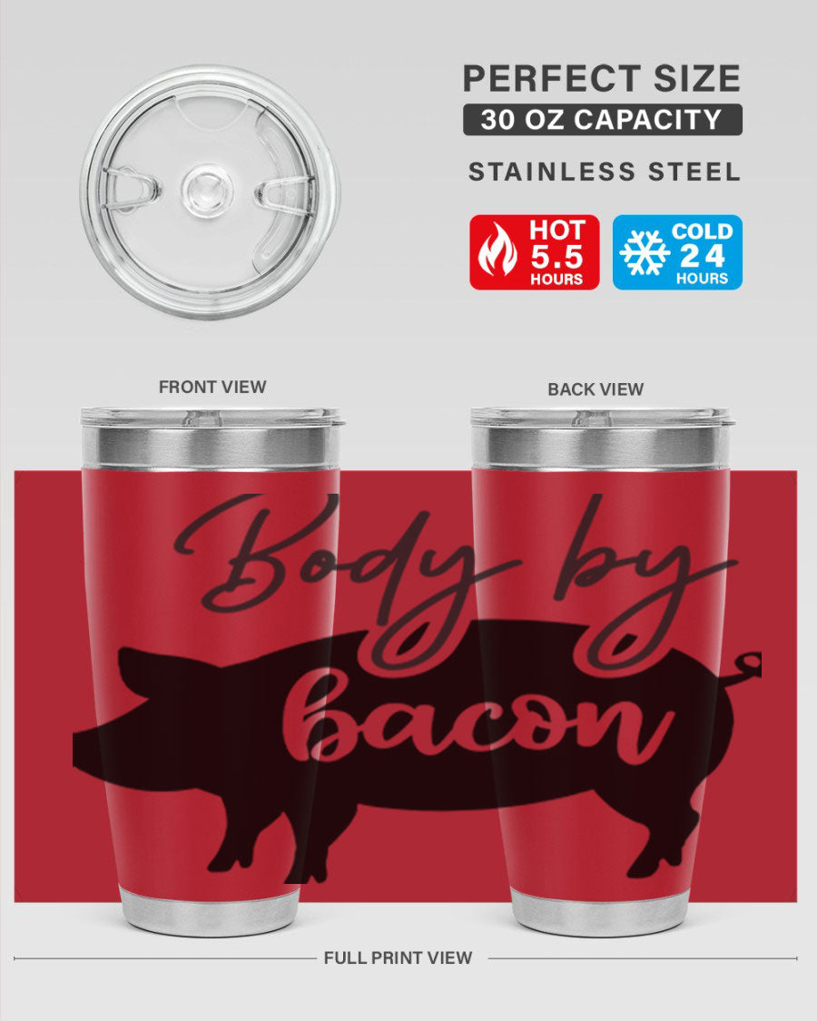 Body by Bacon 20oz stainless steel tumbler with copper lining and drink-thru lid, perfect for hot and cold beverages.