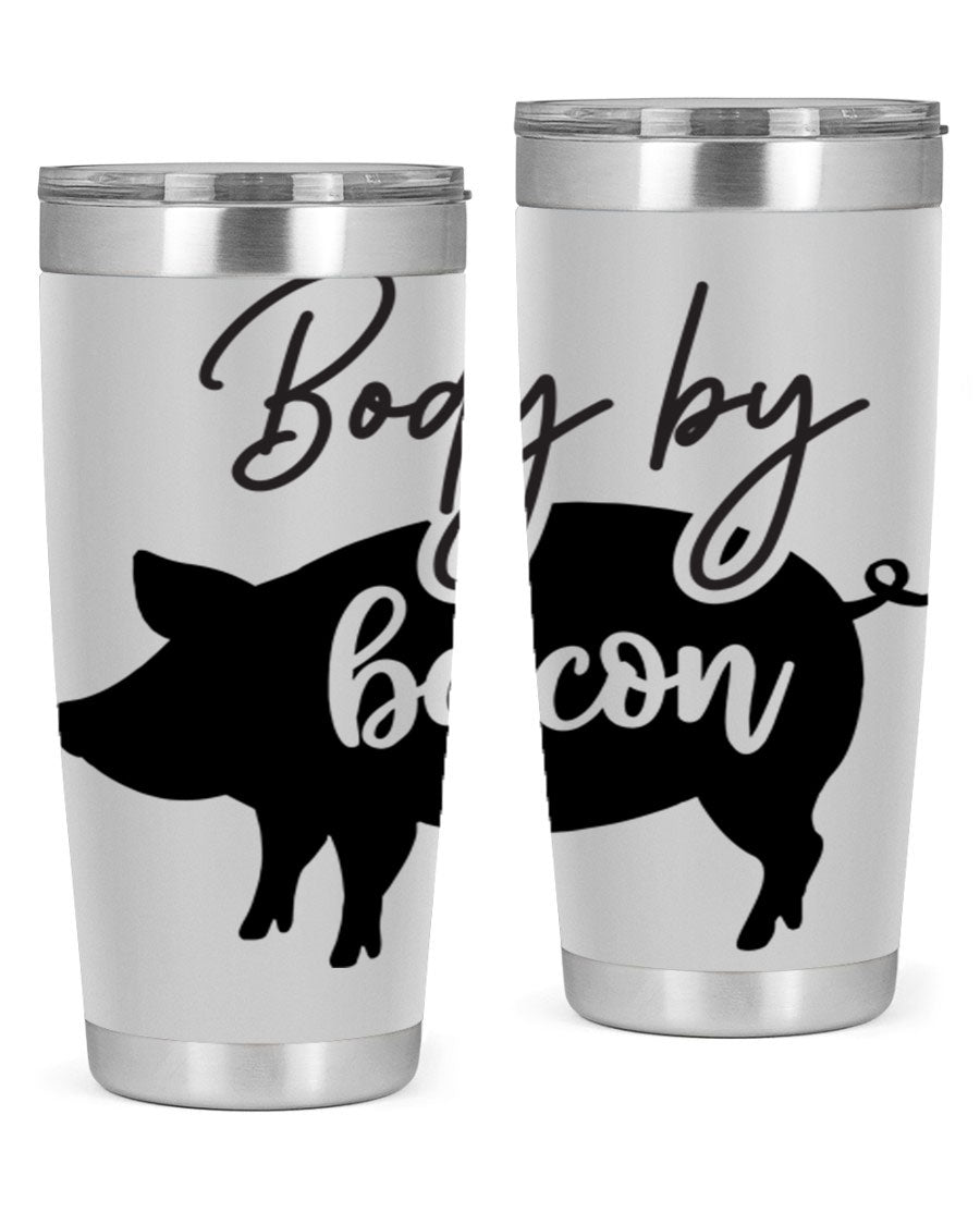 Body by Bacon 20oz stainless steel tumbler with copper lining and drink-thru lid, perfect for hot and cold beverages.