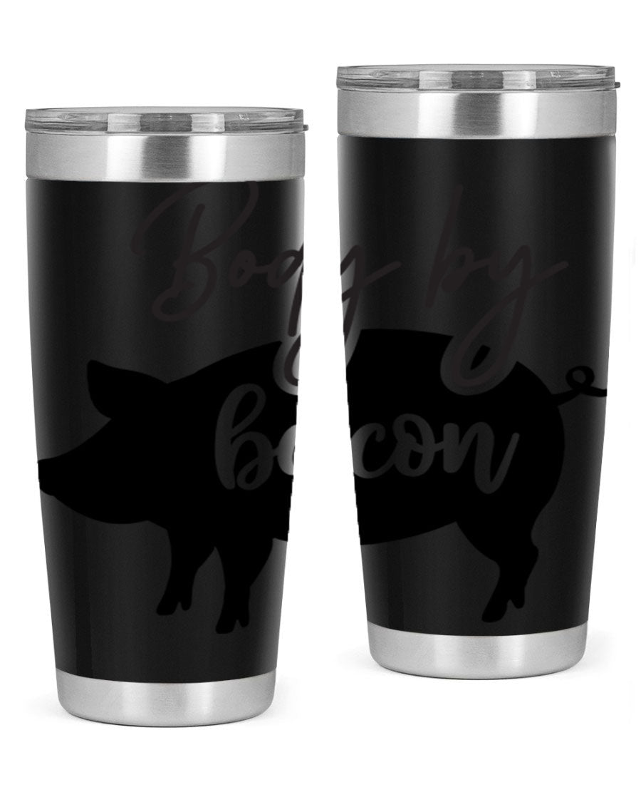 Body by Bacon 20oz stainless steel tumbler with copper lining and drink-thru lid, perfect for hot and cold beverages.