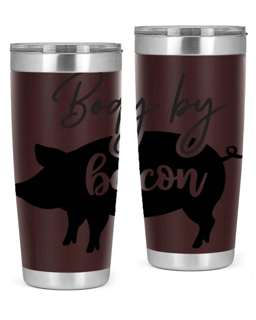 Body by Bacon 20oz stainless steel tumbler with copper lining and drink-thru lid, perfect for hot and cold beverages.