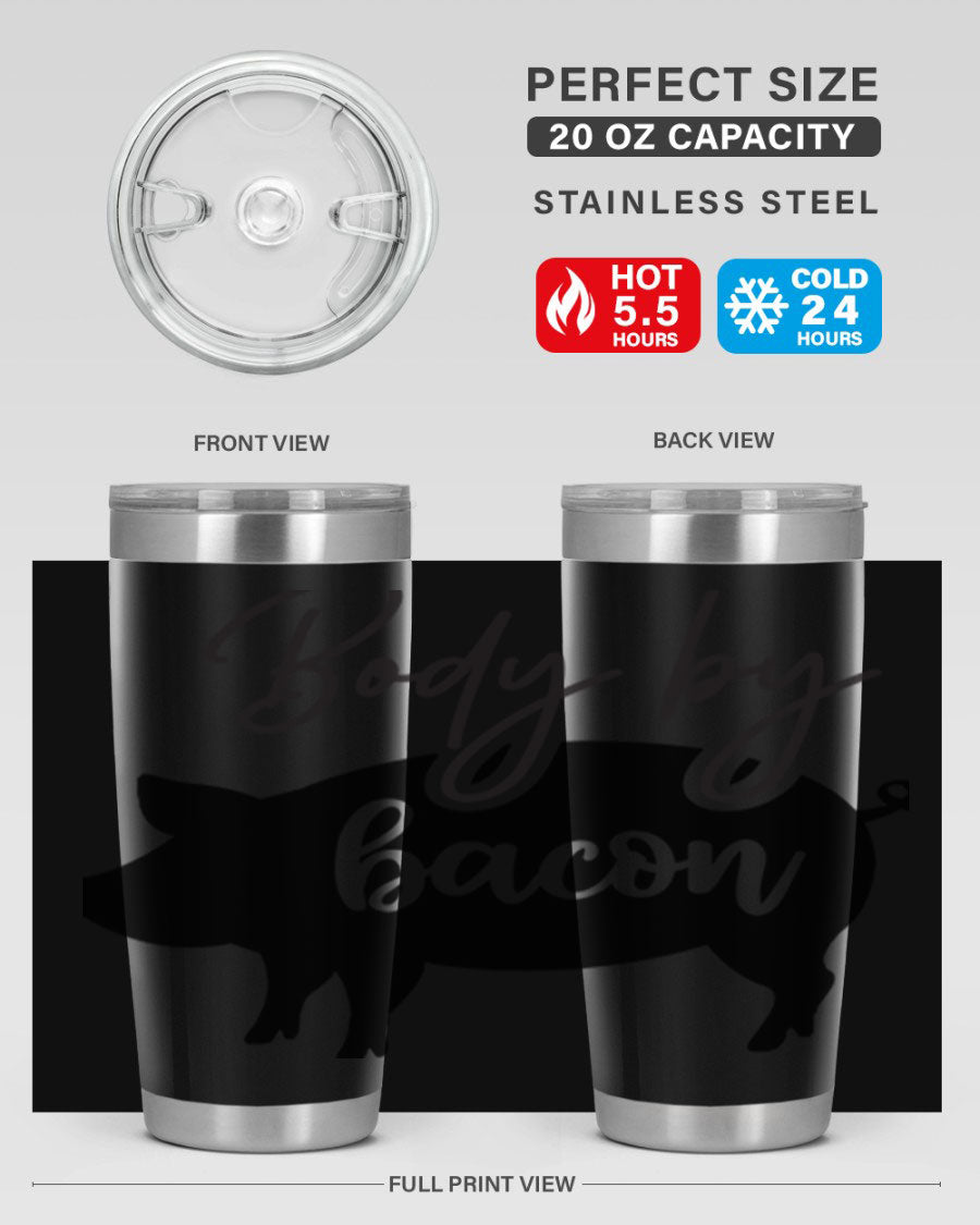 Body by Bacon 20oz stainless steel tumbler with copper lining and drink-thru lid, perfect for hot and cold beverages.