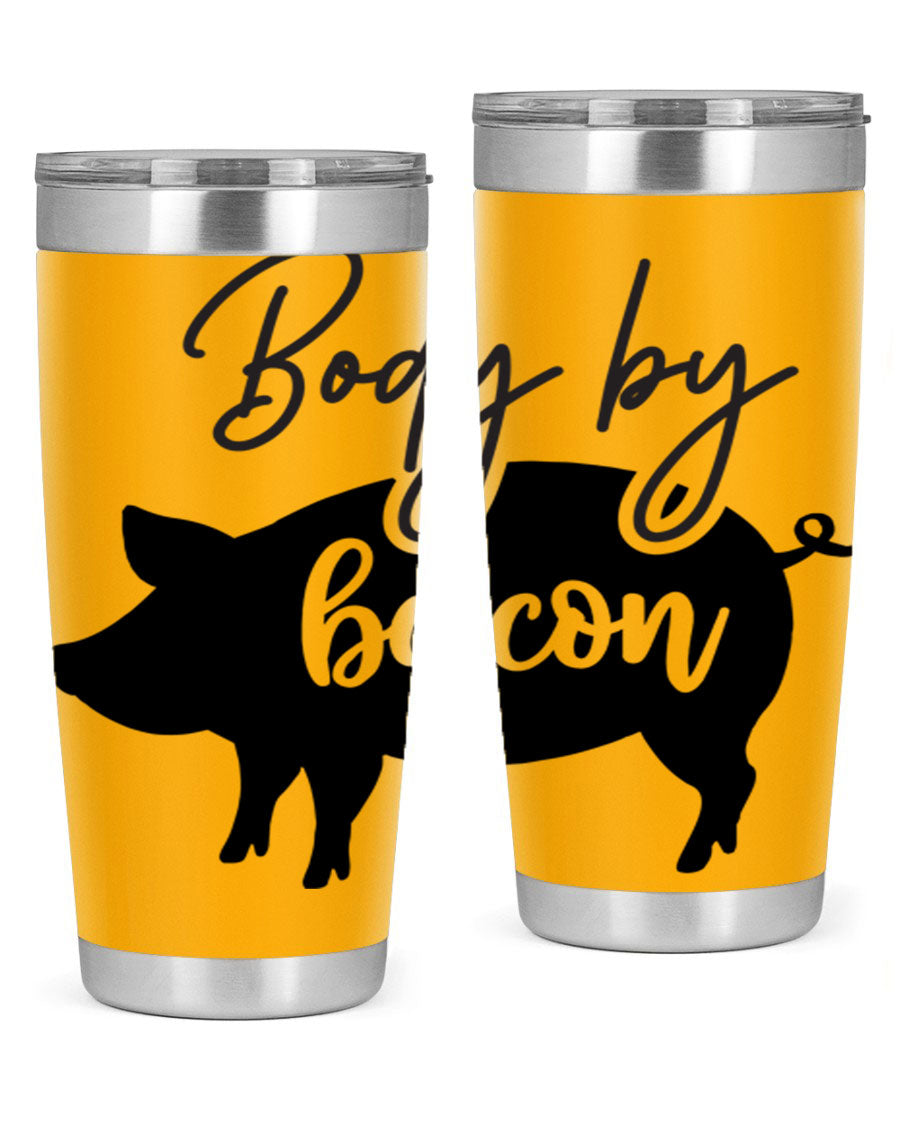 Body by Bacon 20oz stainless steel tumbler with copper lining and drink-thru lid, perfect for hot and cold beverages.