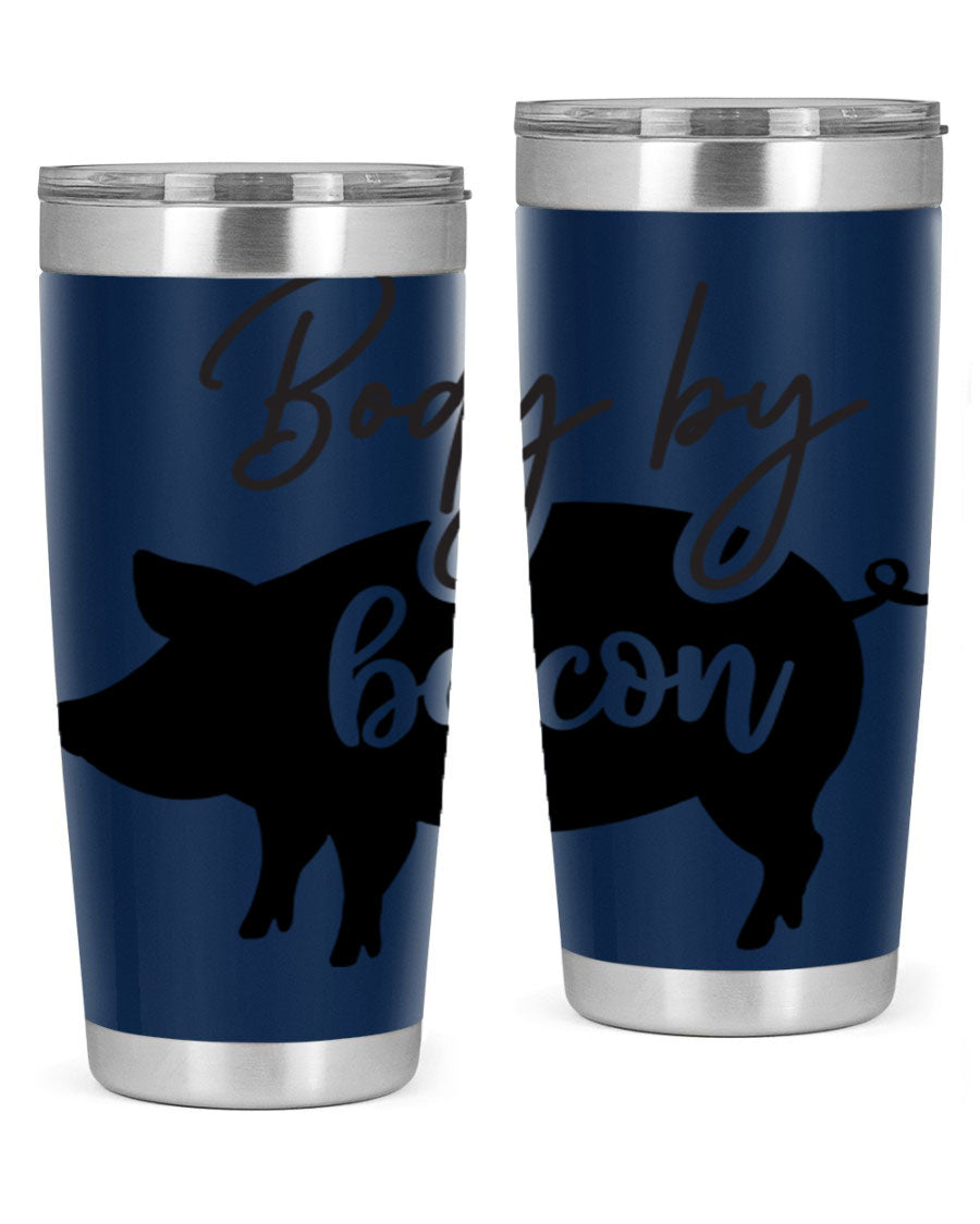 Body by Bacon 20oz stainless steel tumbler with copper lining and drink-thru lid, perfect for hot and cold beverages.