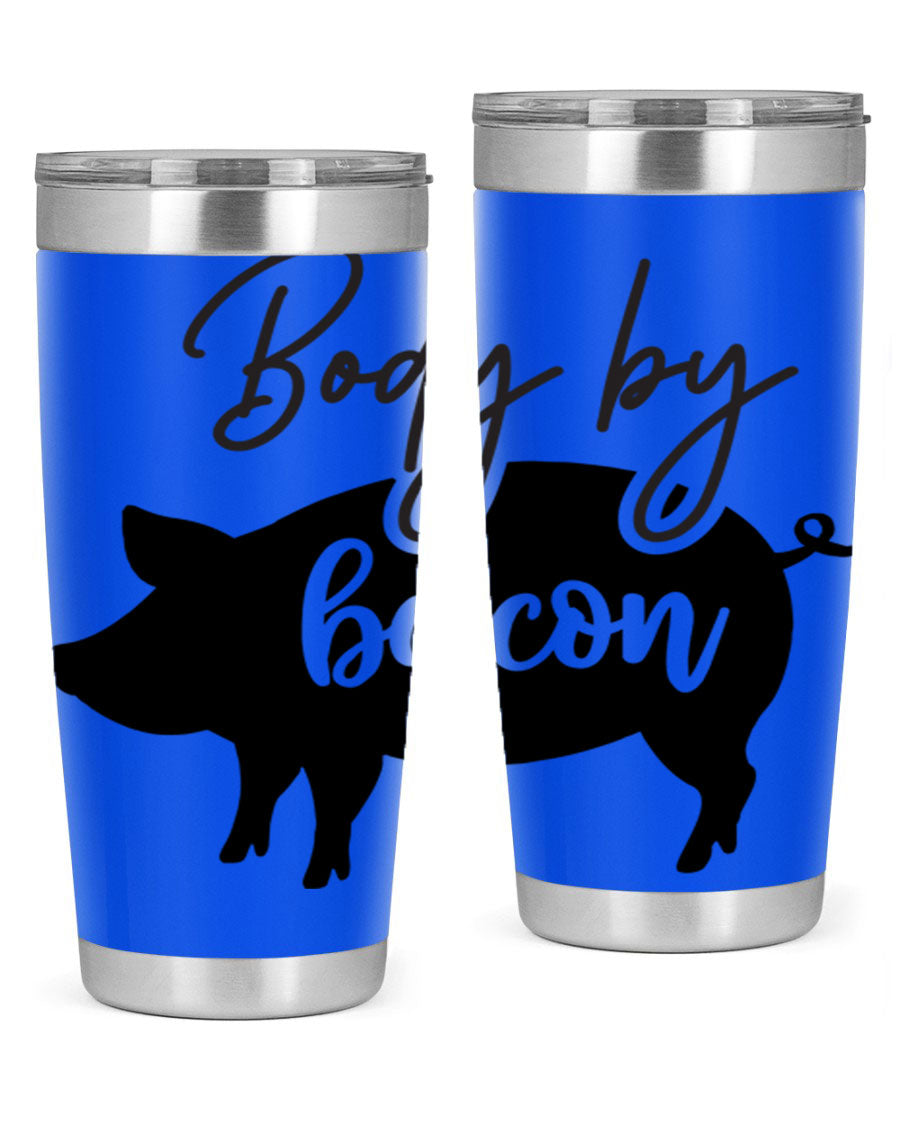 Body by Bacon 20oz stainless steel tumbler with copper lining and drink-thru lid, perfect for hot and cold beverages.