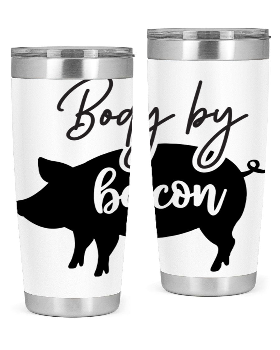 Body by Bacon 20oz stainless steel tumbler with copper lining and drink-thru lid, perfect for hot and cold beverages.