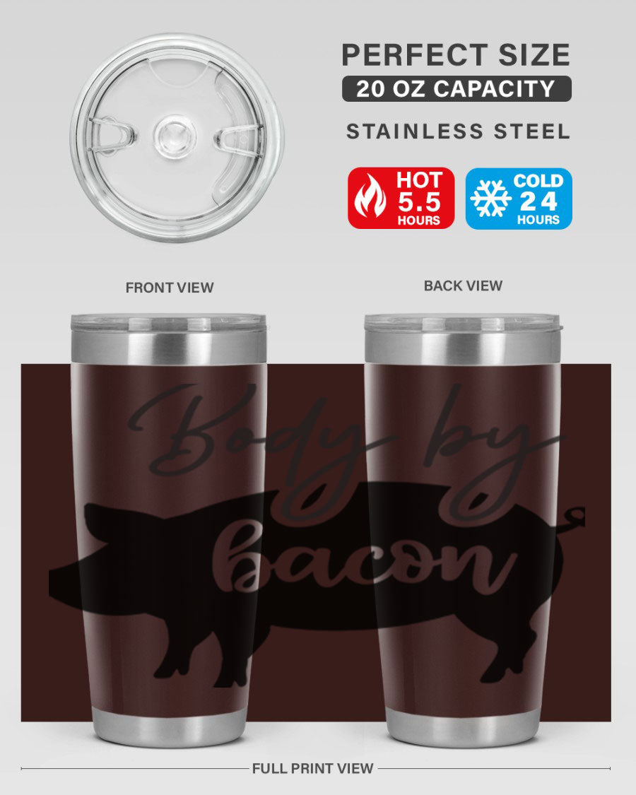 Body by Bacon 20oz stainless steel tumbler with copper lining and drink-thru lid, perfect for hot and cold beverages.