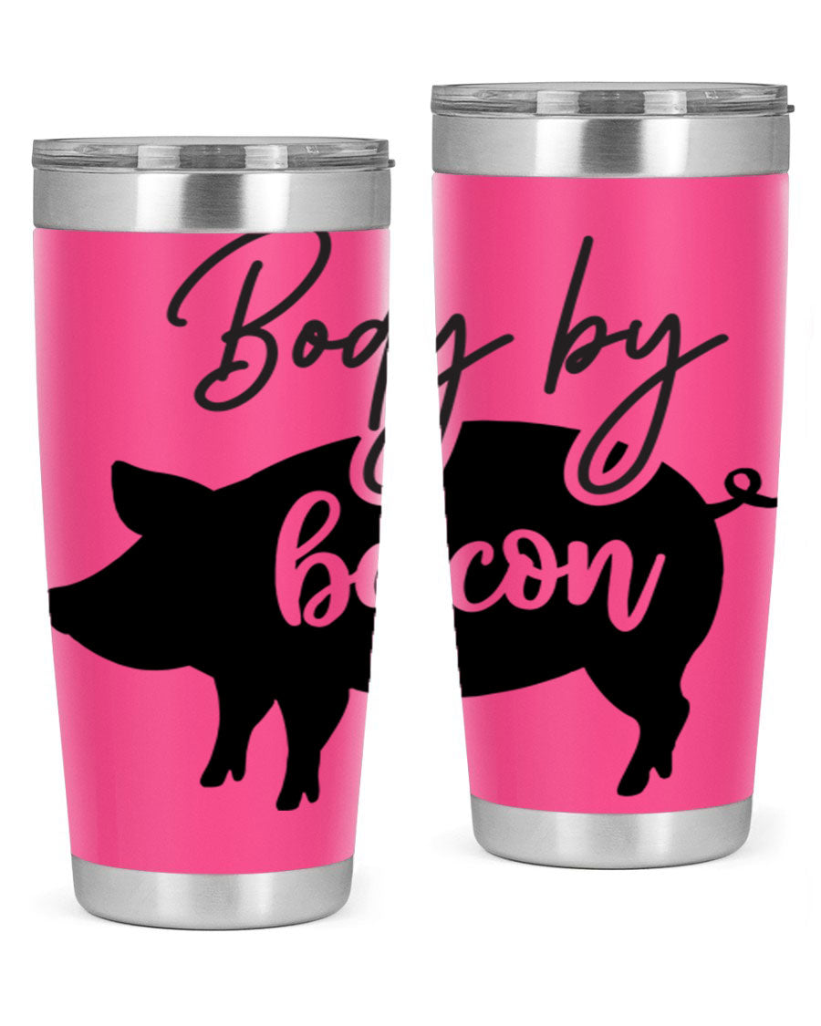 Body by Bacon 20oz stainless steel tumbler with copper lining and drink-thru lid, perfect for hot and cold beverages.