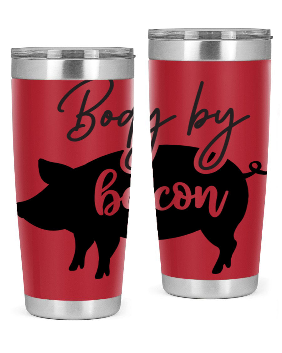 Body by Bacon 20oz stainless steel tumbler with copper lining and drink-thru lid, perfect for hot and cold beverages.