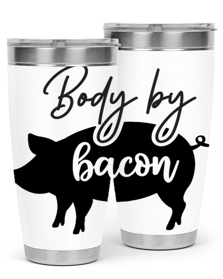 Body by Bacon 20oz stainless steel tumbler with copper lining and drink-thru lid, perfect for hot and cold beverages.