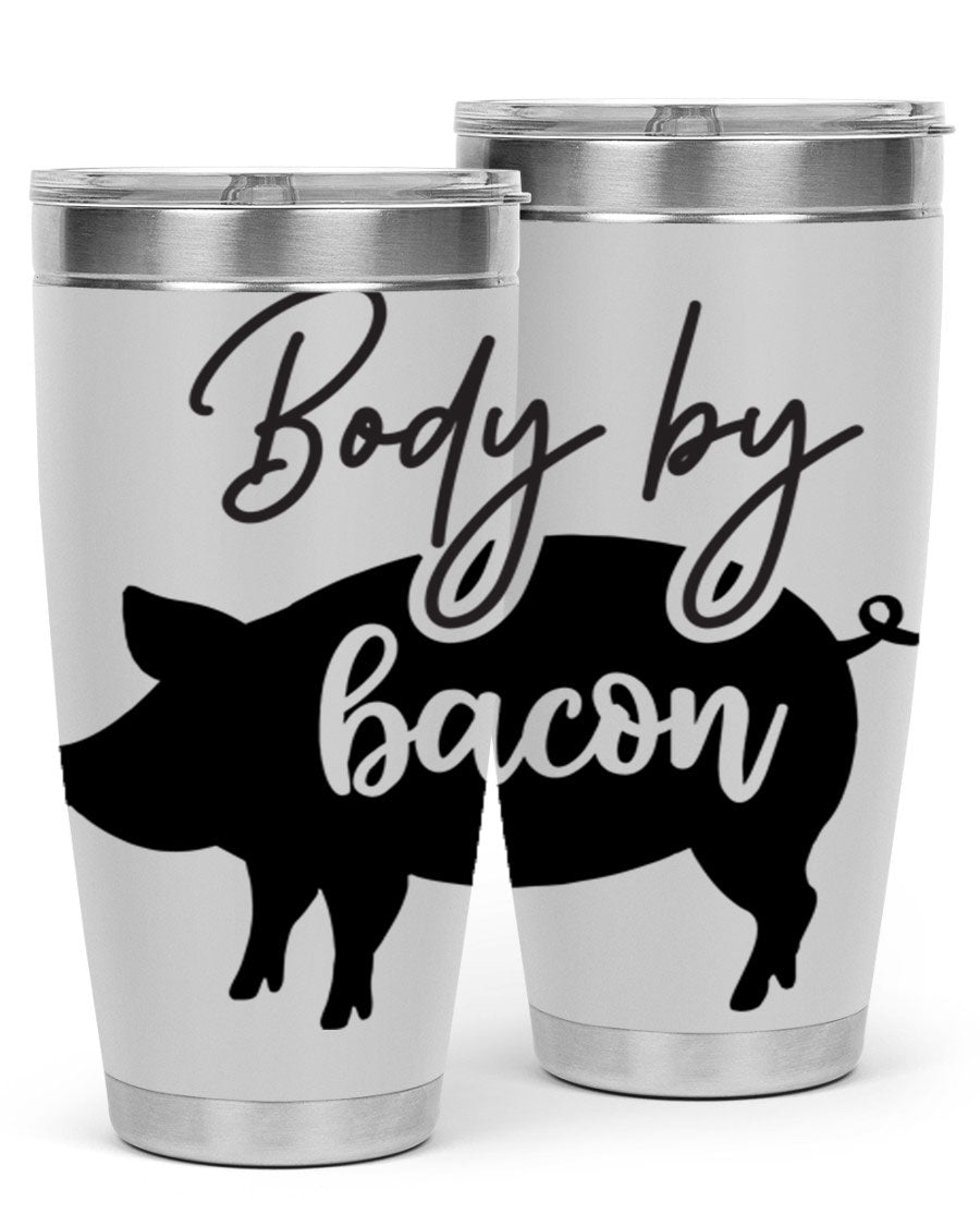 Body by Bacon 20oz stainless steel tumbler with copper lining and drink-thru lid, perfect for hot and cold beverages.