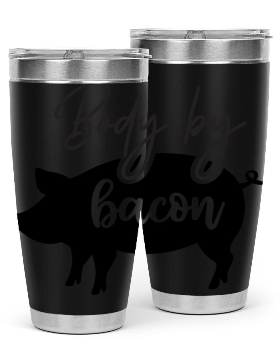 Body by Bacon 20oz stainless steel tumbler with copper lining and drink-thru lid, perfect for hot and cold beverages.