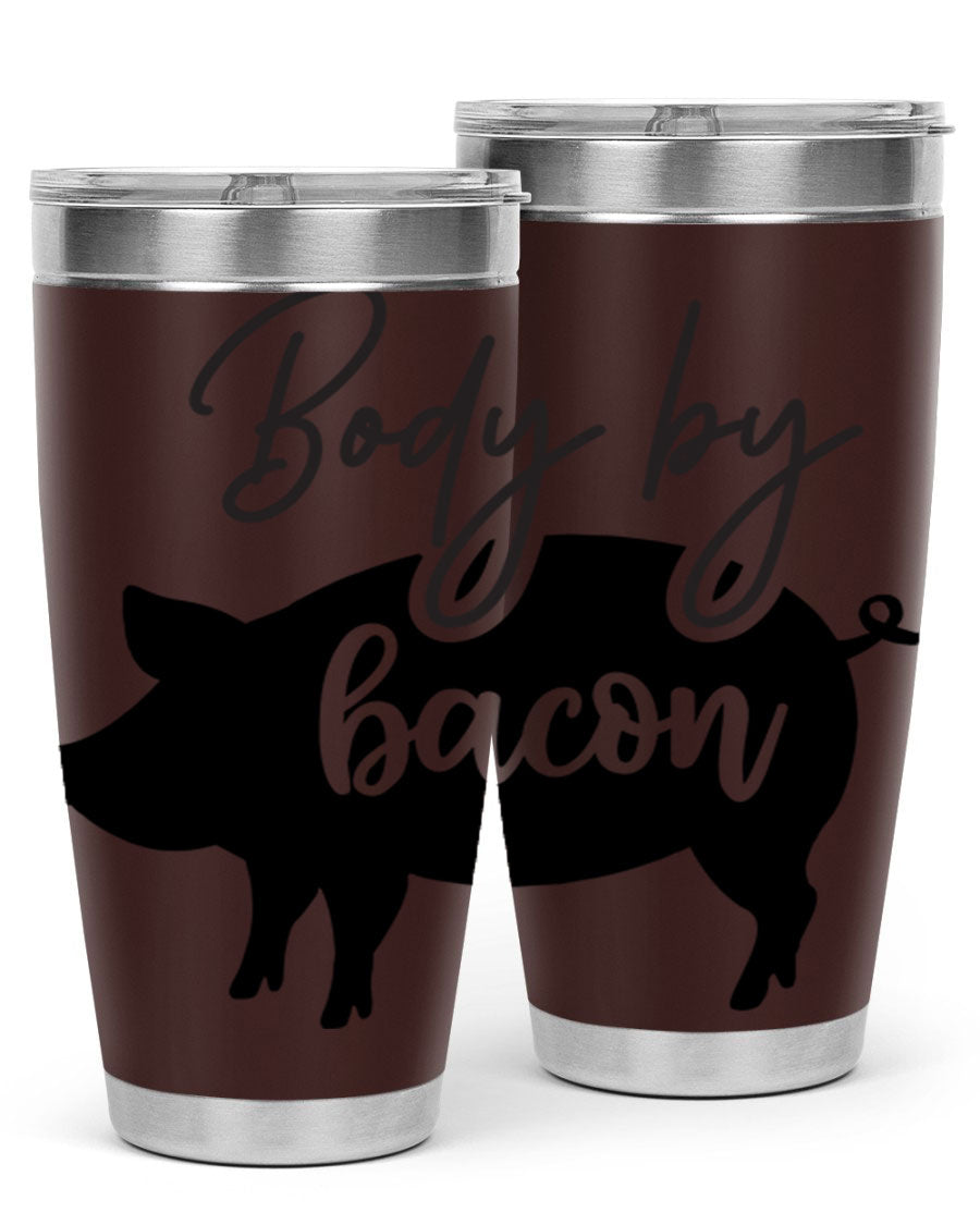 Body by Bacon 20oz stainless steel tumbler with copper lining and drink-thru lid, perfect for hot and cold beverages.