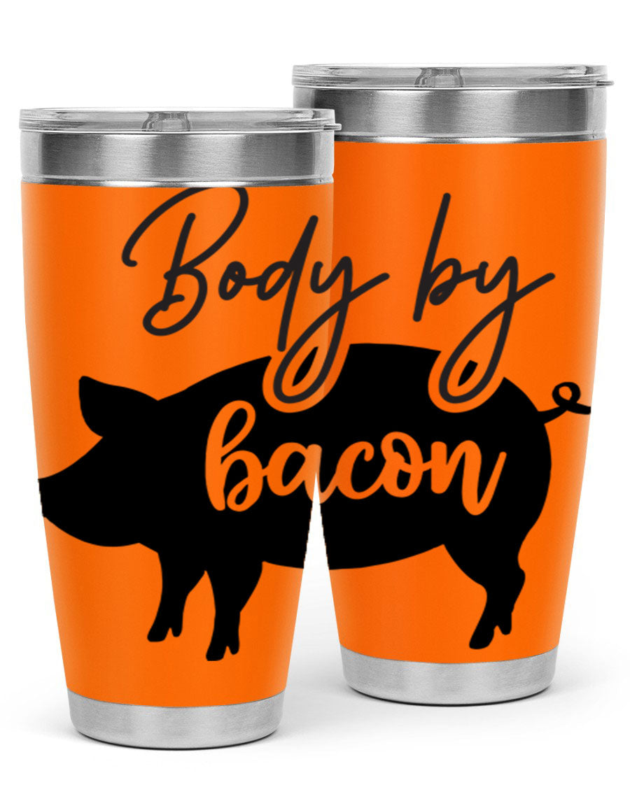 Body by Bacon 20oz stainless steel tumbler with copper lining and drink-thru lid, perfect for hot and cold beverages.