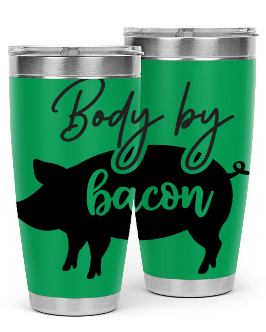 Body by Bacon 20oz stainless steel tumbler with copper lining and drink-thru lid, perfect for hot and cold beverages.