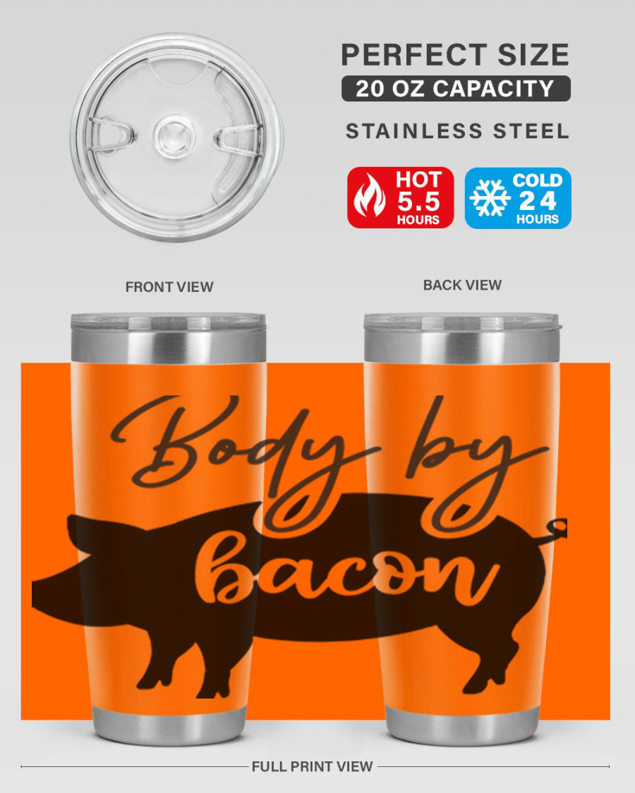 Body by Bacon 20oz stainless steel tumbler with copper lining and drink-thru lid, perfect for hot and cold beverages.