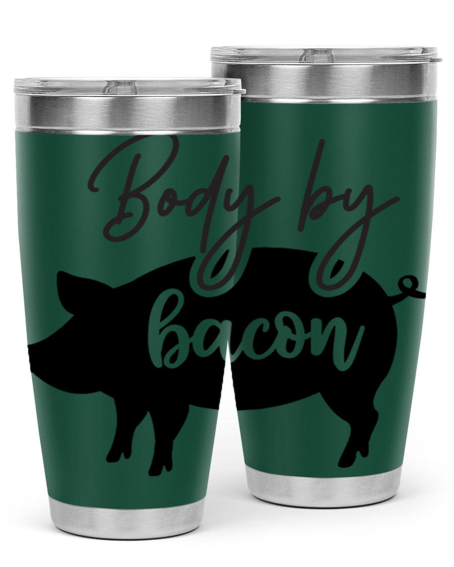 Body by Bacon 20oz stainless steel tumbler with copper lining and drink-thru lid, perfect for hot and cold beverages.