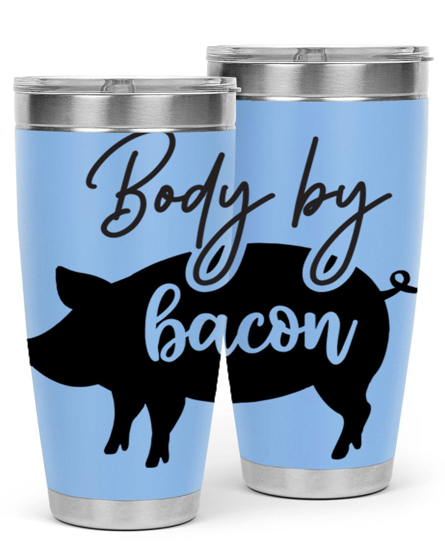 Body by Bacon 20oz stainless steel tumbler with copper lining and drink-thru lid, perfect for hot and cold beverages.