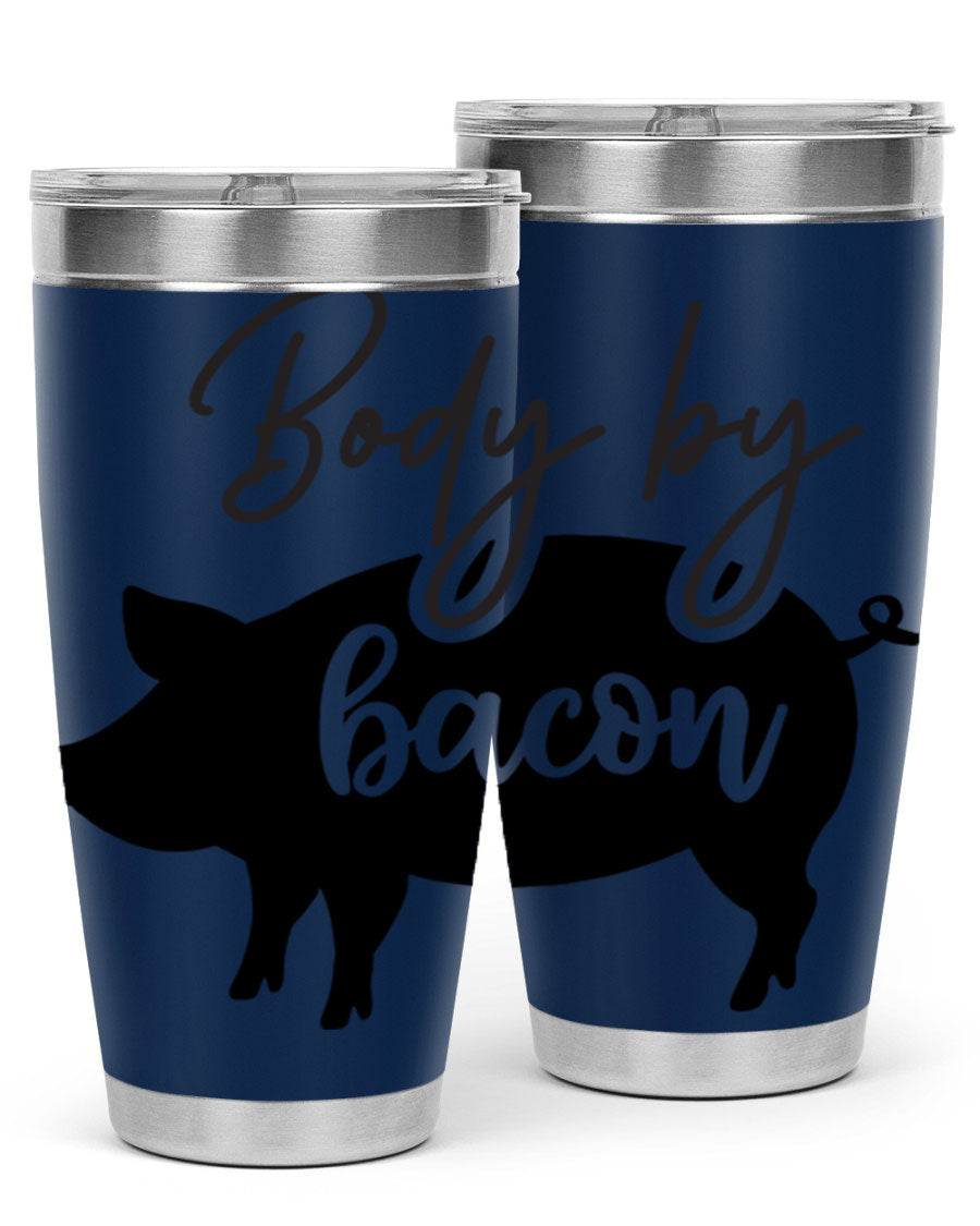 Body by Bacon 20oz stainless steel tumbler with copper lining and drink-thru lid, perfect for hot and cold beverages.