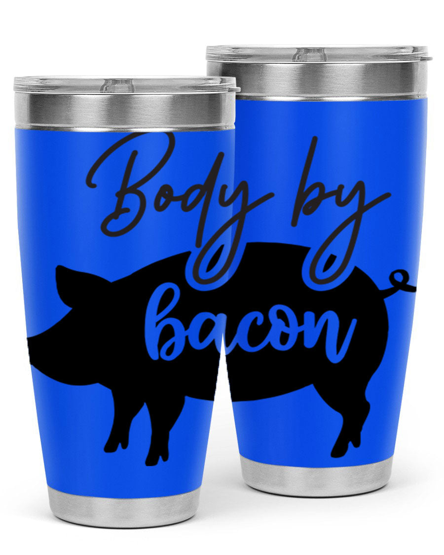 Body by Bacon 20oz stainless steel tumbler with copper lining and drink-thru lid, perfect for hot and cold beverages.