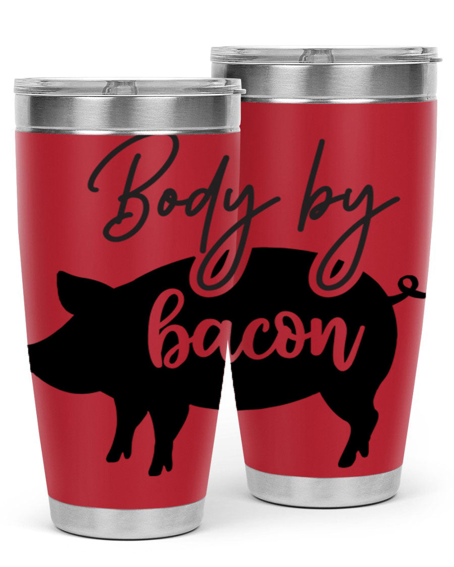 Body by Bacon 20oz stainless steel tumbler with copper lining and drink-thru lid, perfect for hot and cold beverages.