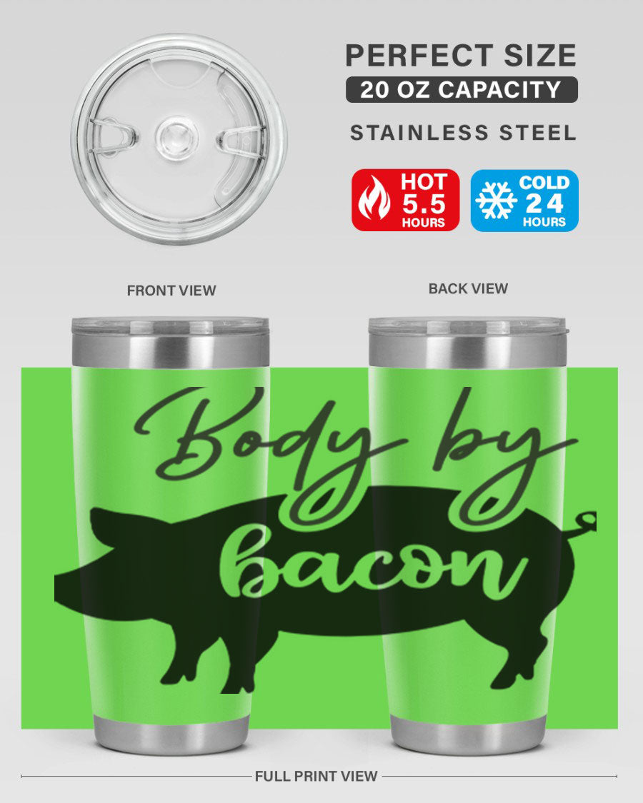 Body by Bacon 20oz stainless steel tumbler with copper lining and drink-thru lid, perfect for hot and cold beverages.