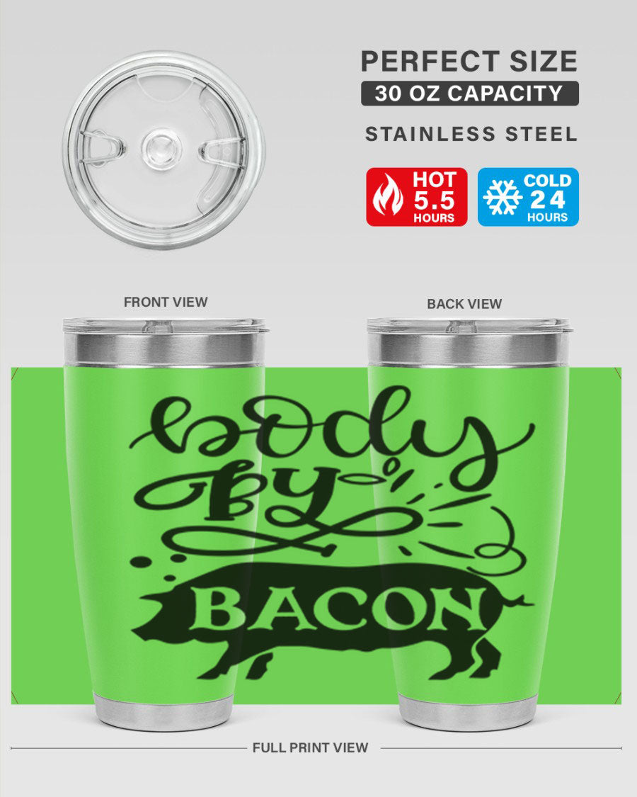 Body by Bacon 20oz stainless steel tumbler with copper lining and drink-thru lid, ideal for hot and cold beverages.