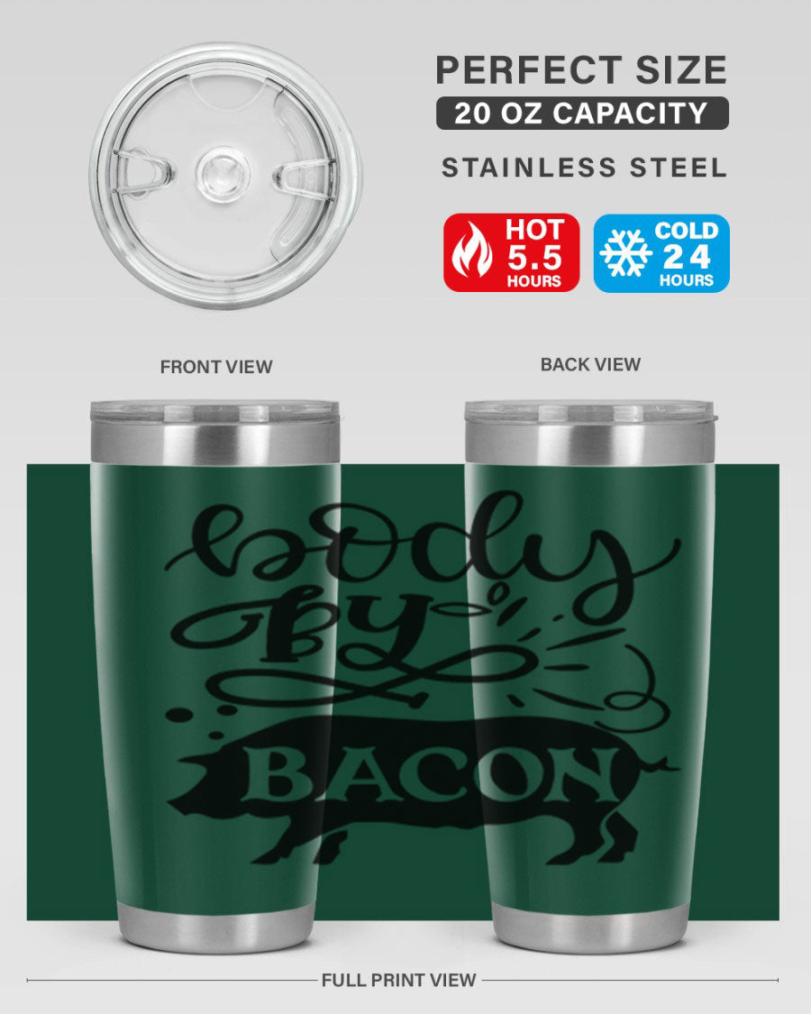 Body by Bacon 20oz stainless steel tumbler with copper lining and drink-thru lid, ideal for hot and cold beverages.