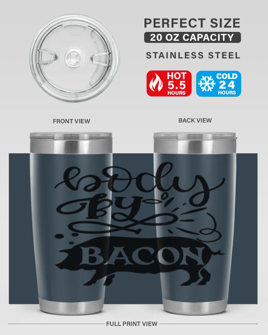 Body by Bacon 20oz stainless steel tumbler with copper lining and drink-thru lid, ideal for hot and cold beverages.