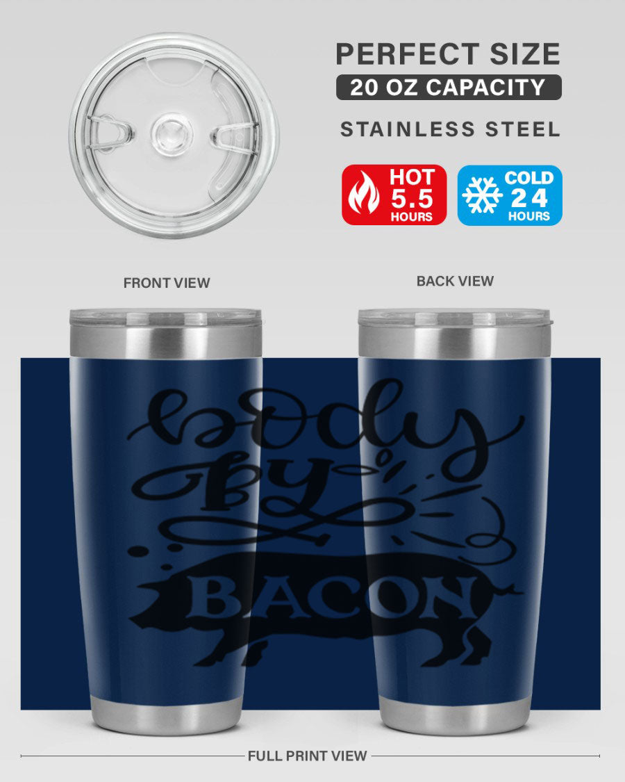 Body by Bacon 20oz stainless steel tumbler with copper lining and drink-thru lid, ideal for hot and cold beverages.