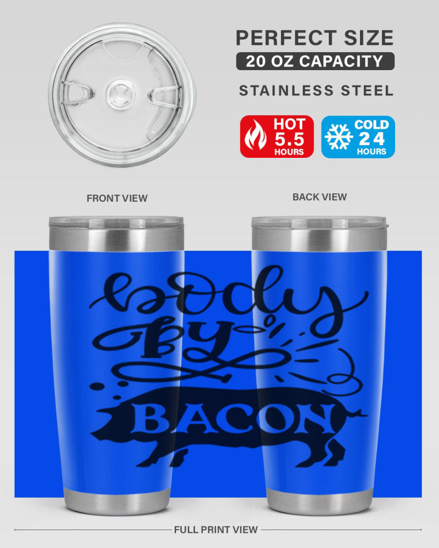 Body by Bacon 20oz stainless steel tumbler with copper lining and drink-thru lid, ideal for hot and cold beverages.