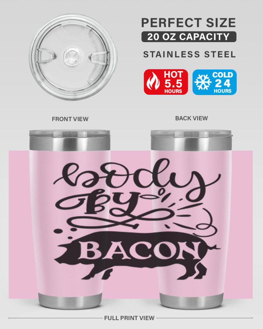 Body by Bacon 20oz stainless steel tumbler with copper lining and drink-thru lid, ideal for hot and cold beverages.